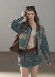 Washed denim jacket and mini skirt set