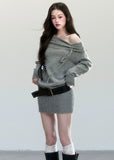 Fragileheart knit dress, off-shoulder wool dress, luxury Korean fashion, quiet luxury womenswear, grey sweater dress, pastel noir aesthetic, autumn knit outfit, elegant minimalist style, K-fashion 2025, refined feminine silhouette, soft draped neckline dress, cozy chic outfit, modern Korean fashion, sophisticated knitwear dress
