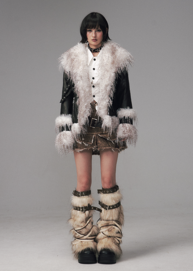 Frustration Garden coat, edgy fur collar jacket, grunge winter coat, punk faux fur jacket, shaggy collar coat, retro rub dye jacket, short padded winter coat, alternative fashion outerwear, goth streetwear coat, distressed fur trim jacket women