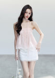 fragileheart top, halter babydoll top, pink halter top, sheer korean top, feminine summer cami, sweet spicy top, bandeau style top, lace hem cami, blush camisole top, korean romantic top, lightweight summer top, soft girl halter top
