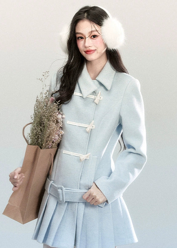 Fragileheart wool coat set, pleated skirt outfit, luxury Korean fashion, horn buckle jacket, fog blue winter coat, ivory tweed ensemble, quiet luxury womenswear, pastel noir aesthetic, elegant two-piece outerwear, K-fashion 2025, structured feminine style, sophisticated winter outfit, belted coat dress, modern romantic fashion
