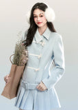 Fragileheart wool coat set, pleated skirt outfit, luxury Korean fashion, horn buckle jacket, fog blue winter coat, ivory tweed ensemble, quiet luxury womenswear, pastel noir aesthetic, elegant two-piece outerwear, K-fashion 2025, structured feminine style, sophisticated winter outfit, belted coat dress, modern romantic fashion
