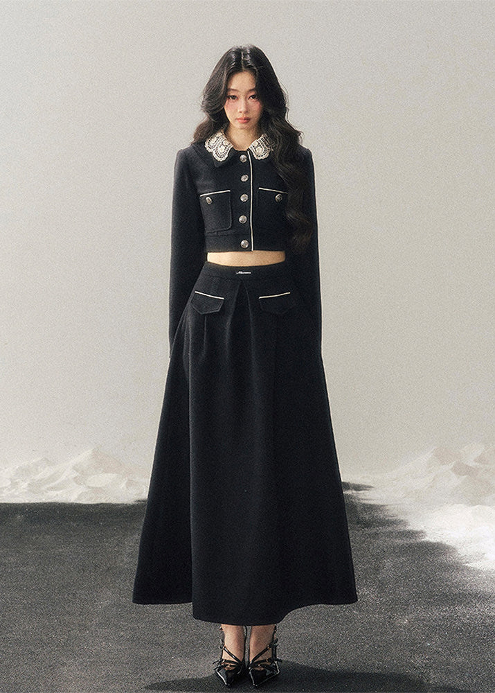lace knit set women, french lace two piece set, winter skirt set women, korean minimal style set, elegant women outfit, refined knitwear women, lace trim top skirt, feminine winter set, premium women knit set, modern elegant outfit women, aomalm style set, classic black skirt set, understated luxury women clothing, winter two piece outfit, minimal chic women set