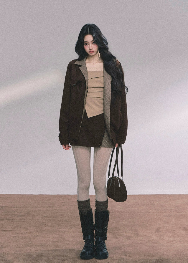 korean two piece set, plaid mini skirt outfit, suede jacket set women, seoul street fashion, preppy korean outfit, french hepburn style set, autumn matching outfit women, korean chic blazer set, trendy korean clothing 2025, seoul preppy look, brown plaid skirt, vintage academic outfit, elegant french suit, nom alm collection, modern korean style