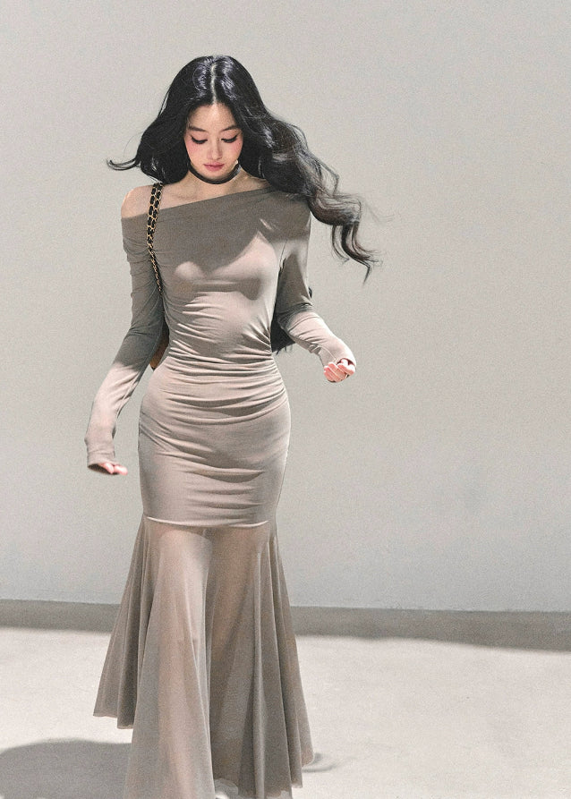 AOMALM dress, slim fit maxi dress, off shoulder long dress, Korean fashion dress, autumn winter dress, ruched bodycon dress, elegant maxi dress, feminine Korean style, cold rich daughter dress, sculpted silhouette dress, long sleeve fitted dress, minimalist chic dress, date night dress, sleek bodycon maxi, women’s contour dress, soft stretch dress, fashion boutique dress, trendy Korean outfits