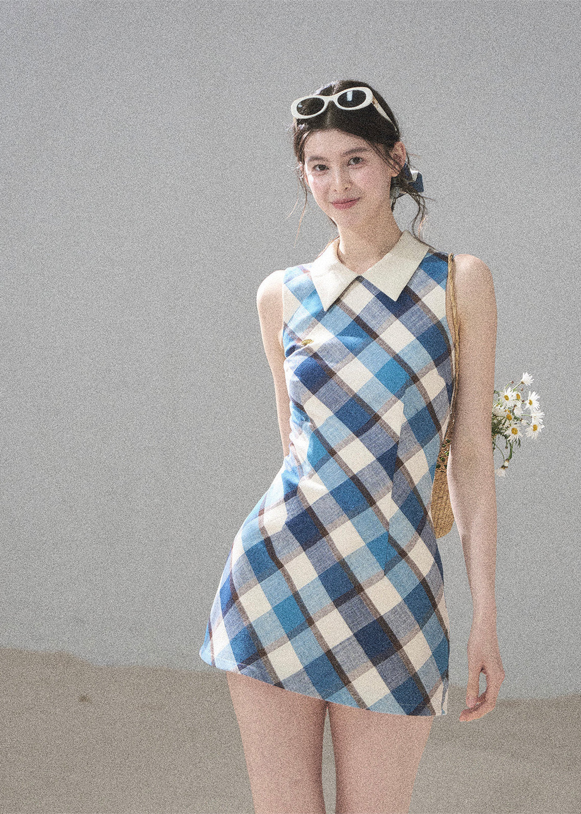 aomalm dress, plaid mini dress, polo collar dress, korean feminine dress, french vintage dress, diamond plaid dress, cotton summer dress, hip hugging mini dress, seaside summer dress, romantic plaid dress, korean summer fashion, feminine mini dress