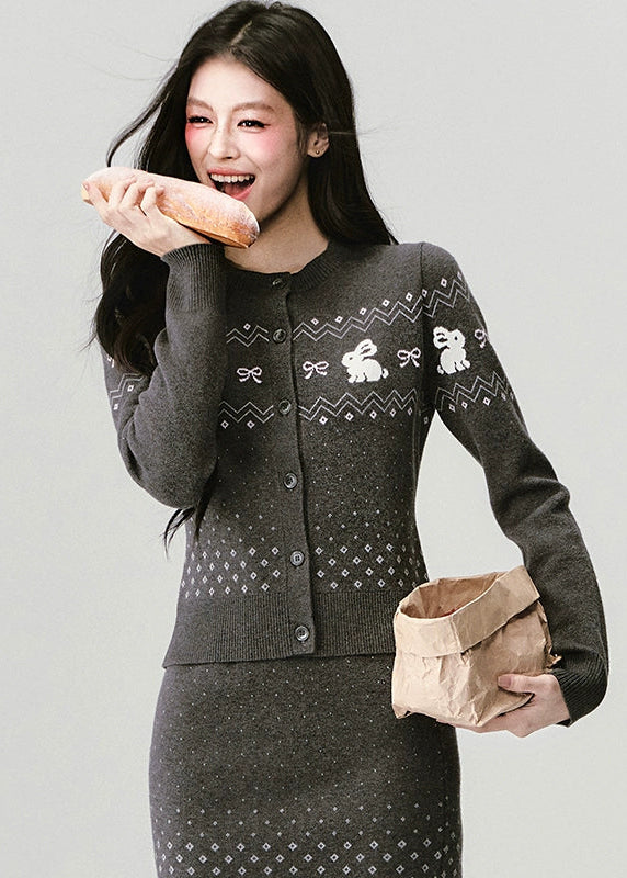 Fragileheart knit set, Fair Isle sweater outfit, winter Korean fashion, bunny pattern cardigan, luxury feminine knitwear, quiet luxury winter style, pastel noir aesthetic, elegant two-piece knit set, cozy winter outfit, K-fashion 2025, cute chic knit ensemble, rabbit motif sweater, romantic knit skirt look, soft feminine fashion
