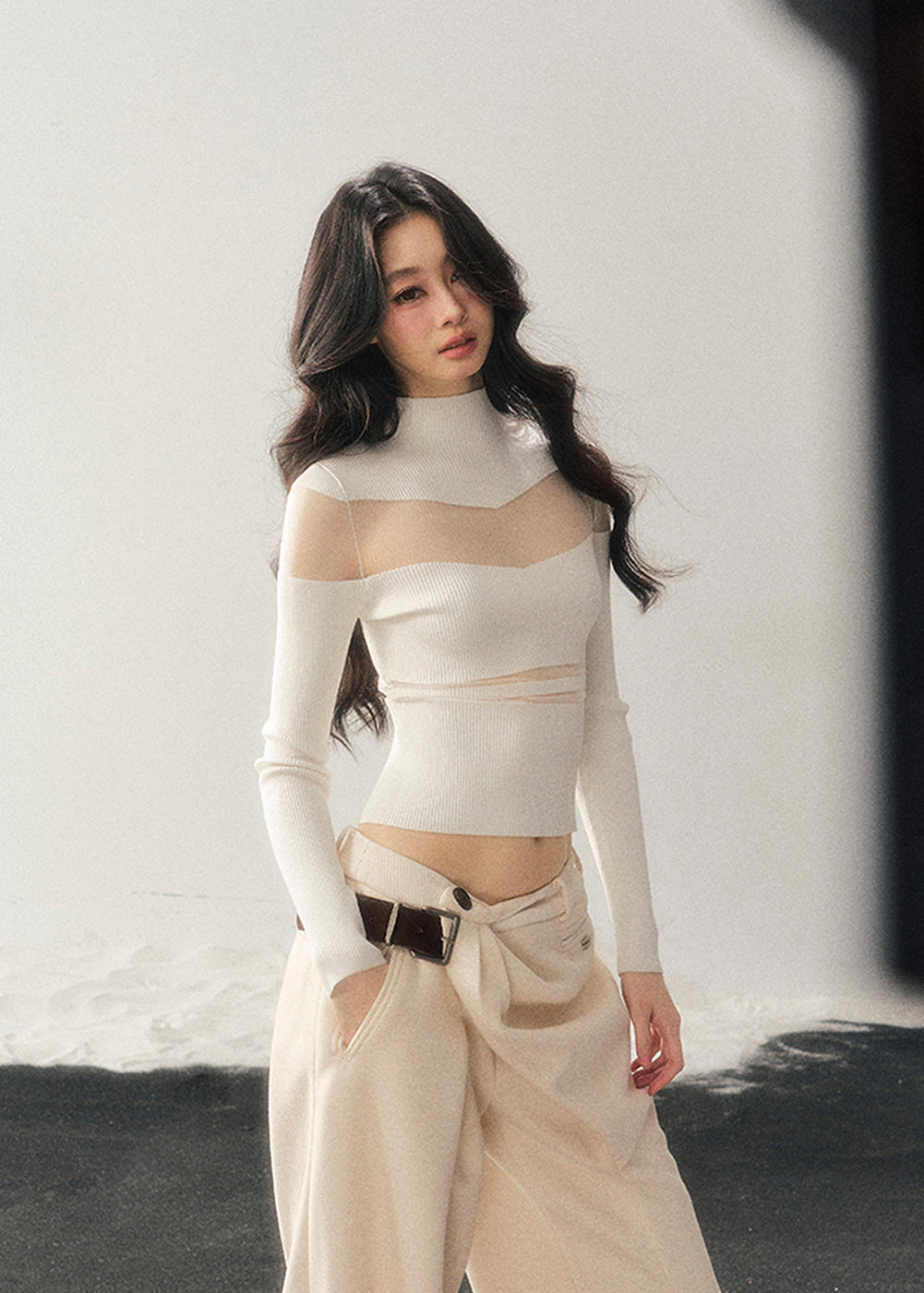 whispering of the night top, korean knit top, semi sheer knit, mesh panel knit shirt, slim fit winter top, women’s turtleneck knit, korean fashion top, elegant mesh knitwear, black mesh knit top, ivory mesh sweater, AOMALM top, winter slim knit shirt, long sleeve mesh top, feminine korean clothes, chic winter tops for women, aesthetic winter outfits, stylish knit base layer, hot girl knit top, soft stretch knitwear