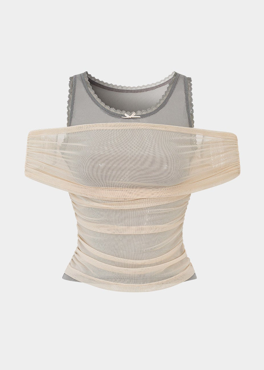 off shoulder lace top, fake two piece top, slimming lace top, Korean feminine top, sheer drape top, romantic mesh top, fitted summer top, lace detail blouse, off shoulder slim top, feminine Korean fashion, date night top, soft layered blouse, polyester spandex top, elegant casual top, romantic summer blouse