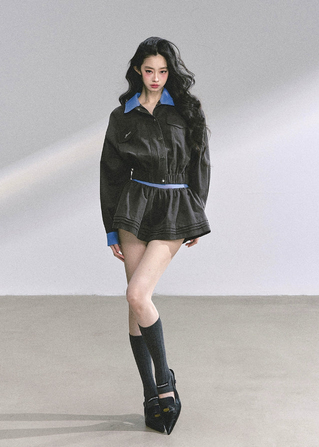 korean cargo skirt set women, hepburn style two piece set, korean fashion autumn suit, utility jacket mini skirt outfit, seoul street style set, french inspired outfit women, chic korean jacket skirt, black cargo jacket women, korean preppy style outfit, modern elegant korean fashion, hepburn mini skirt set, high end autumn women set, korean two piece skirt set, cargo chic streetwear women, korean hot girl outfit fall