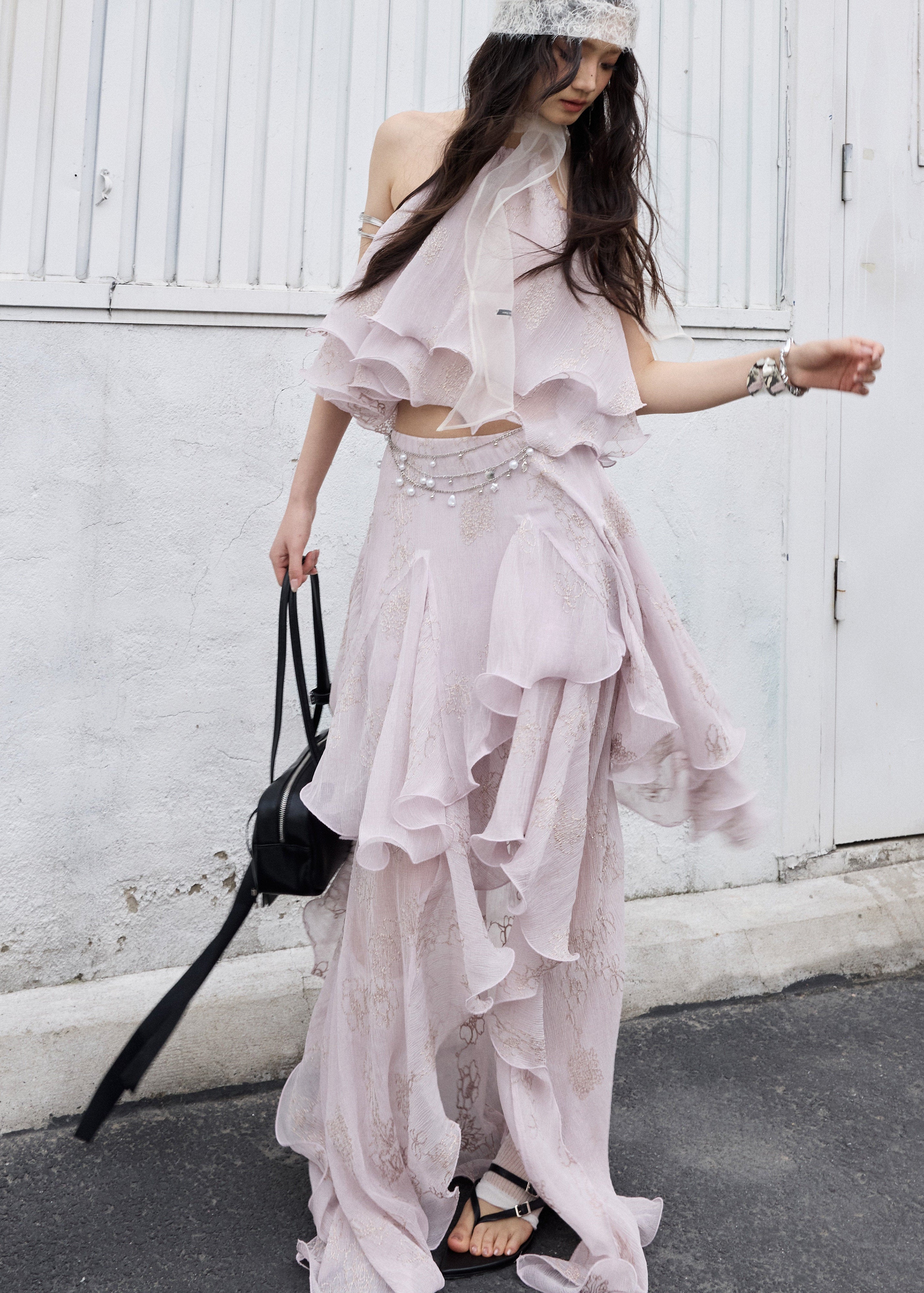 peach pink two piece set, halter ruffle set, korean fashion set, romantic maxi skirt set, fairycore outfit, layered ruffle skirt, feminine summer set, elegant two piece dress set, jnylon dress set, resort wear women