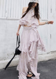 peach pink two piece set, halter ruffle set, korean fashion set, romantic maxi skirt set, fairycore outfit, layered ruffle skirt, feminine summer set, elegant two piece dress set, jnylon dress set, resort wear women