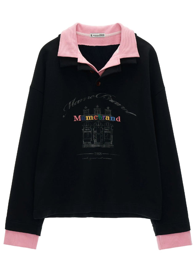 fake two piece polo sweatshirt women, button lapel layered top, american casual loose fit sweatshirt, 2025 street fashion women, korean sporty street top, preppy layered polo sweater, fake layer collar pullover, casual lapel sweatshirt outfit, nowa tokyo american street style
