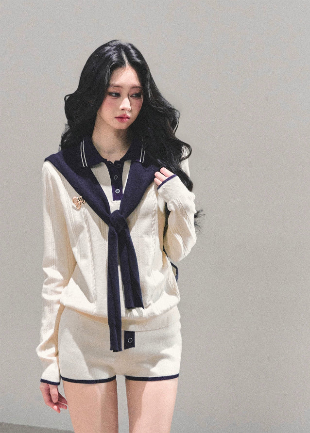 AOMALM knit set, AOMALM morning mist knit, Korean preppy knit outfit, cream navy knit two piece, varsity knit short set, autumn winter knit co ord, soft girl Korean fashion, long sleeve knit top and shorts, K fashion loungewear set, cozy college style outfit, feminine Korean knitwear, Seoul street preppy style, Korean knit shorts set, cute knit two piece for winter, soft knit polo top