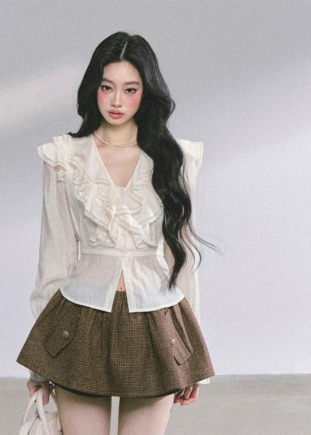 high end french blouse, lace ruffle top, v neck lace shirt, autumn korean fashion top, slimming ruffle blouse, elegant lace blouse women, korean romantic style shirt, vintage frill top women, chic feminine blouse, aesthetic korean outfit top