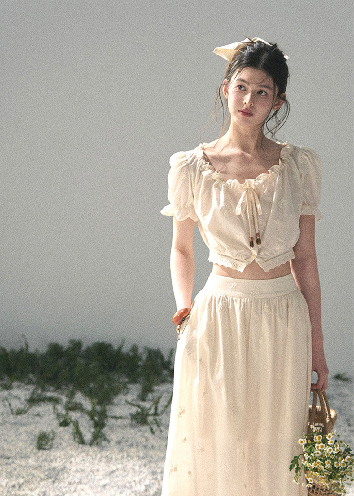 aomalm set, cotton two piece set, ivory skirt set, korean fashion set, puff sleeve top set, long skirt set women, romantic summer outfit, feminine korean outfit, vacation outfit women, cotton summer co ord, soft girl summer set, garden style outfit
