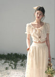 aomalm set, cotton two piece set, ivory skirt set, korean fashion set, puff sleeve top set, long skirt set women, romantic summer outfit, feminine korean outfit, vacation outfit women, cotton summer co ord, soft girl summer set, garden style outfit