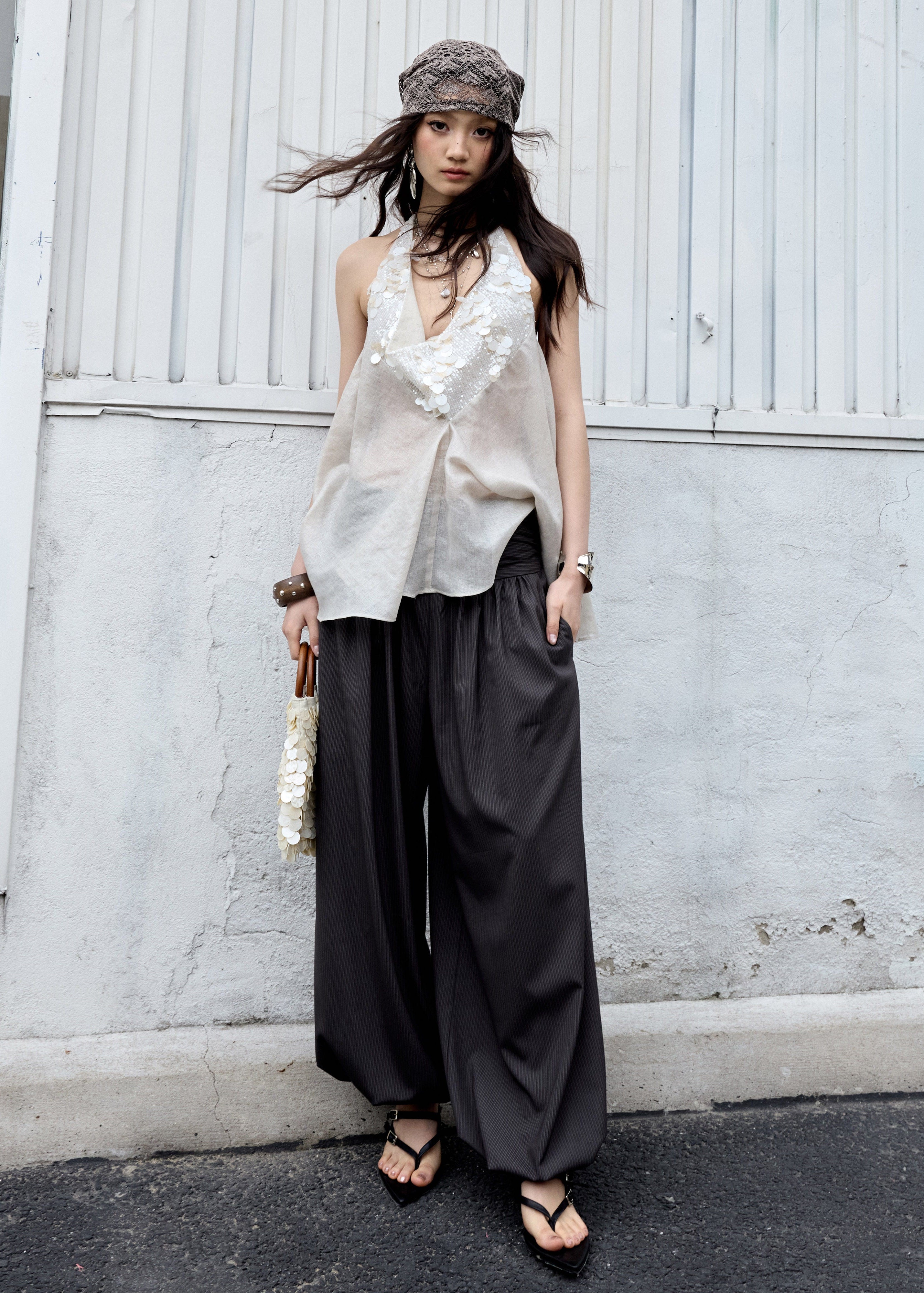 jnylon pants, balloon pants women, striped wide leg pants, korean fashion pants, relaxed casual pants, modern vintage trousers, urban nomad pants, lantern pants women, draped pants, stylish korean outfit, wide leg balloon trousers, summer casual pants