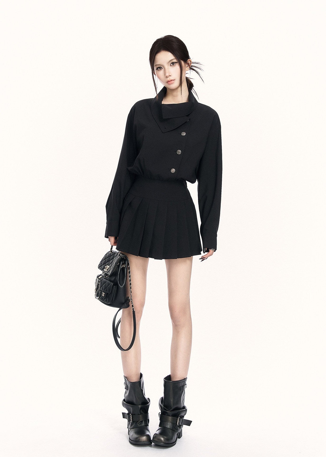 trench style mini dress women, pleated waist dress, british college dress women, edgy commuter dress, lapel mini dress women, dark minimalist fashion dress, vock dress style, tailored spring dress women, urban preppy dress, waist shaping mini dress, alternative office wear women, structured pleated dress, modern black gray dress, controlled silhouette fashion, early spring women dress