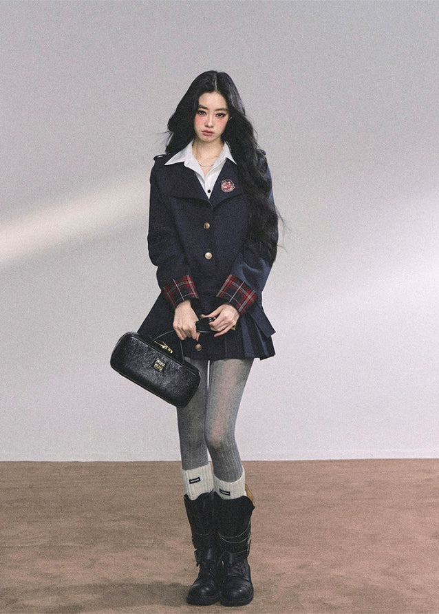 preppy college dress women, ivy league pleated dress, fake two piece campus dress, american prep dress, autumn pleated mini dress, academia style dress, fw25 preppy outfit, slim fit school style dress, plaid cuff college dress
