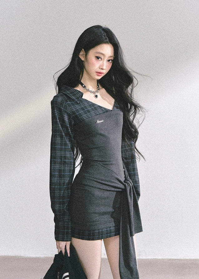 slim fit plaid sleeve dress, fake two piece dress women, Korean style mini dress, college girl plaid dress, trendy slim bodycon dress, autumn fashion mini dress, K-fashion plaid dress, American royal sister dress, check sleeve mini dress, waist tie bodycon dress, elegant plaid dress for women, sexy hip-hugging dress, summer slim plaid dress, girl group fashion dress, stylish campus dress for women

