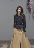 Khaki A-line midi skirt with a coordinating buckle belt