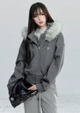 Fragile Heart fur collar hoodie, fluffy trim jacket, soft feminine winter hoodie, Korean girly zip-up coat, short cozy winter jacket, big fur collar sweatshirt, romantic warm hoodie, grey fluffy collar jacket, cute Korean outerwear, AW soft girl jackets, feminine winter hoodie coat