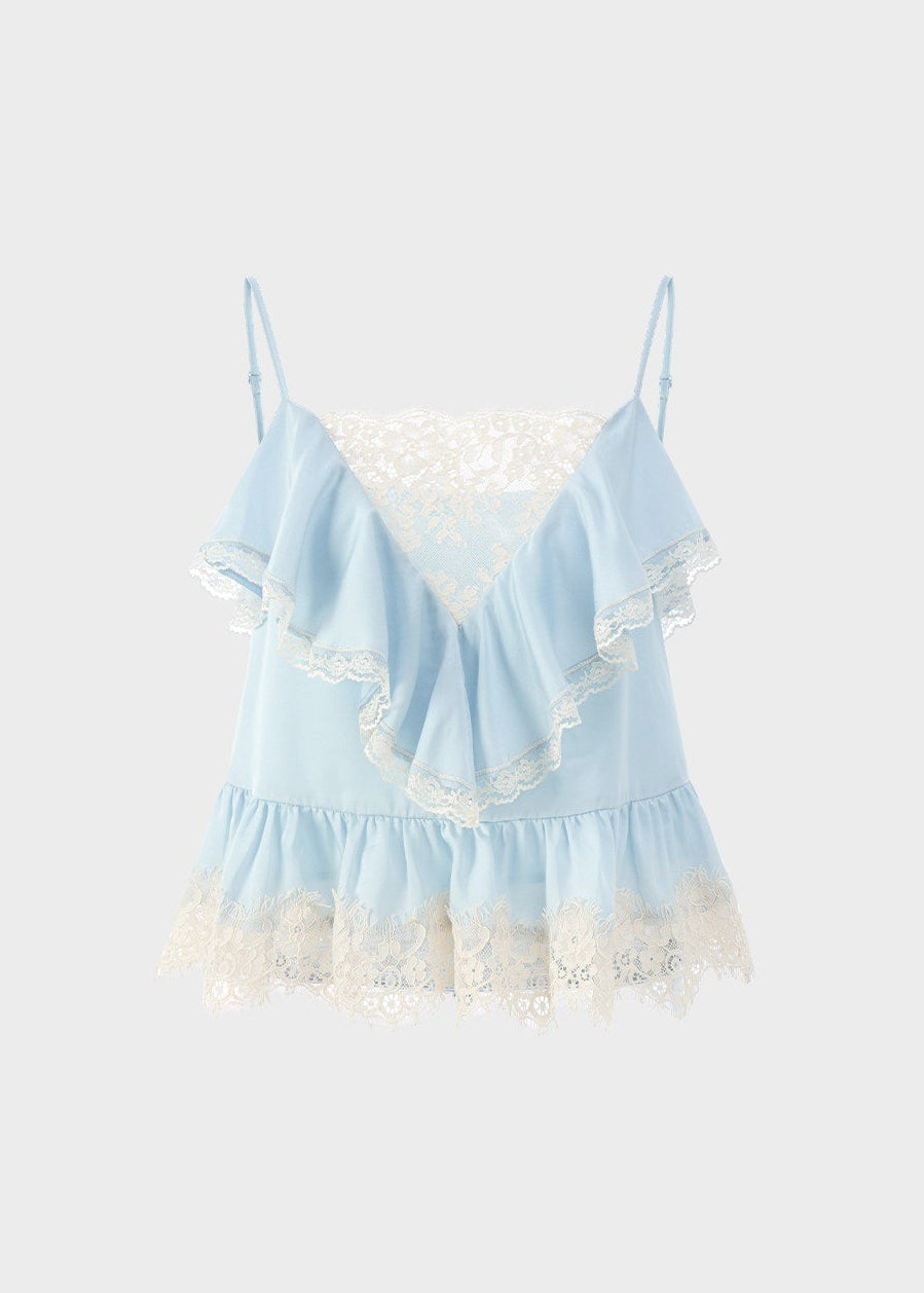 lace satin camisole, lyocell camisole top, blue camisole top, feminine lace cami, Korean style camisole, romantic satin top, lace trim cami, soft blue top, summer camisole women, first love outfit top, satin lace top women, elegant camisole top, lightweight lyocell top, feminine Korean fashion top, date outfit camisole