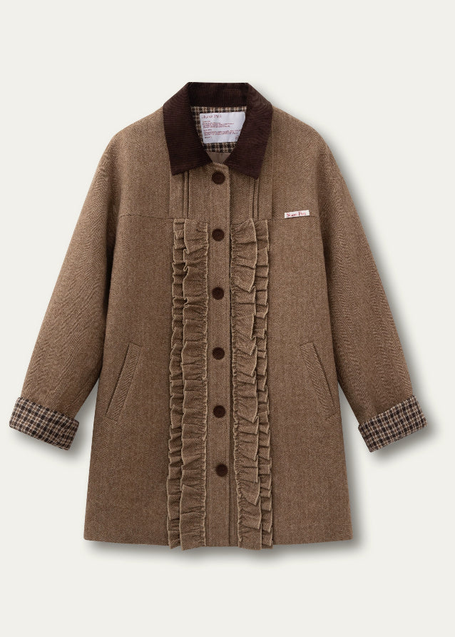 SunsetPark wool coat, vintage college coat, khaki houndstooth coat, lace trim wool jacket, feminine winter outerwear, cozy Korean preppy coat, warm wool dress coat, girly vintage coat, autumn winter cute coat, lace fungus trim coat, soft preppy winter outfit, warm khaki coat women