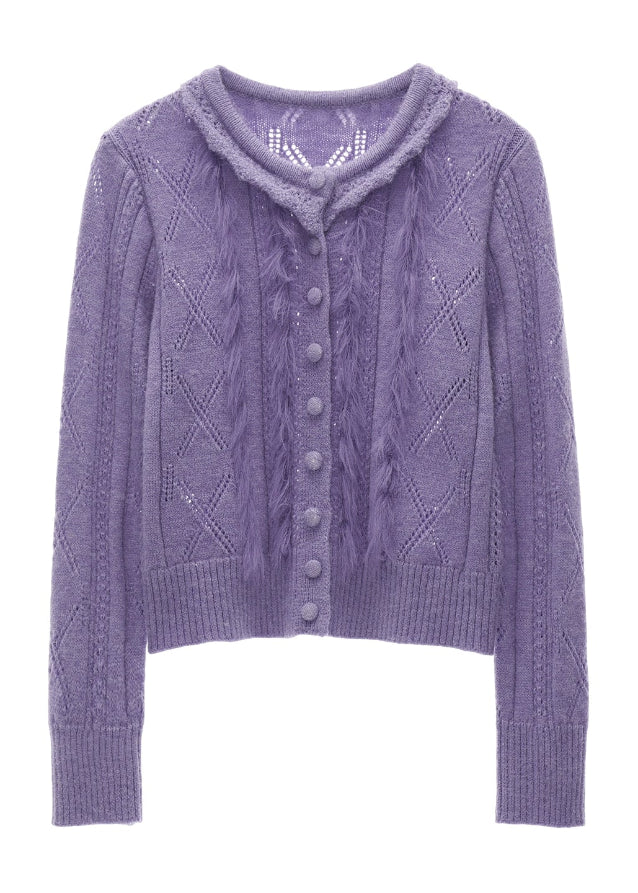 ruffle neck knit cardigan, hollow knit sweater women, fall 2025 knit cardigan, gentle feminine knitwear, korean soft street fashion, long sleeve ruffle sweater, romantic fall cardigan women, casual elegant knit jacket, nowa tokyo feminine knit top
