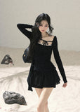 aomalm top, square neck top, lace trim top, black feminine top, long sleeve korean top, waist slimming top, ribbon detail top, romantic korean fashion, fitted summer top, hot girl top, elegant black blouse, lyocell spandex top