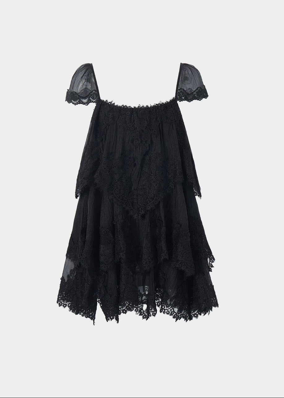 irregular lace dress, lace cake dress, summer lace mini dress, beach holiday dress, Korean feminine dress, French lace dress, resort lace dress, vintage lace dress, layered lace dress, romantic summer dress, lace vacation dress, asymmetric hem dress, feminine Korean fashion, cream lace dress, black lace mini dress