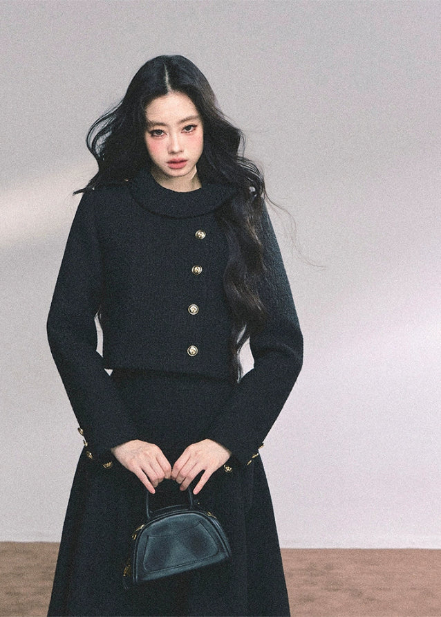 french two piece set women, miu style jacket set, noble lady outfit, autumn winter elegant set, kyoto rich daughter set, fw25 luxury two piece, black maxi skirt set, french cropped jacket outfit, elegant winter ensemble

