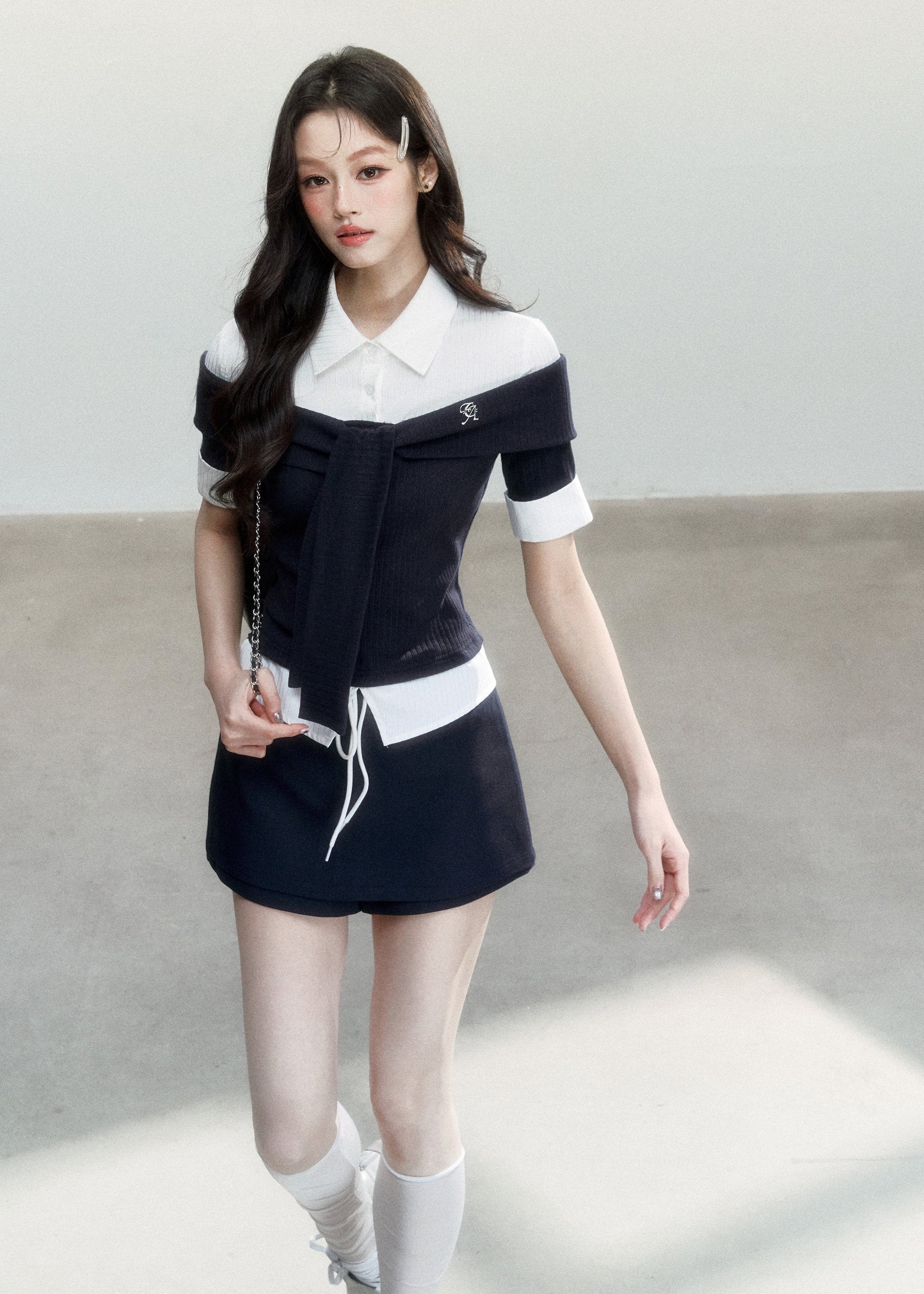 fragileheart top, korean collegiate top, faux two piece shirt, tie waist shirt top, preppy korean fashion, layered knit shirt, feminine campus top, korean preppy blouse, slim collar top, cute korean outfit, campus style shirt, soft girl fashion top
