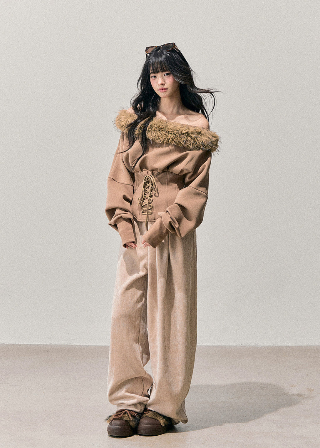 Korean feminine top, off shoulder knit top, winter plush top, fur trim sweater, waist slimming top, soft Korean style, women winter top, French inspired knitwear, cozy feminine top, elegant winter outfit, AOMALM top, faux fur trim shirt, romantic winter fashion, slim fit knit top, Korean aesthetic clothing, winter date outfit, soft girl style top, feminine corset top