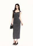 A grey-black square-neck dress with a slim high-waist silhouette, designed with a sharp vintage-inspired edge for polished styling.