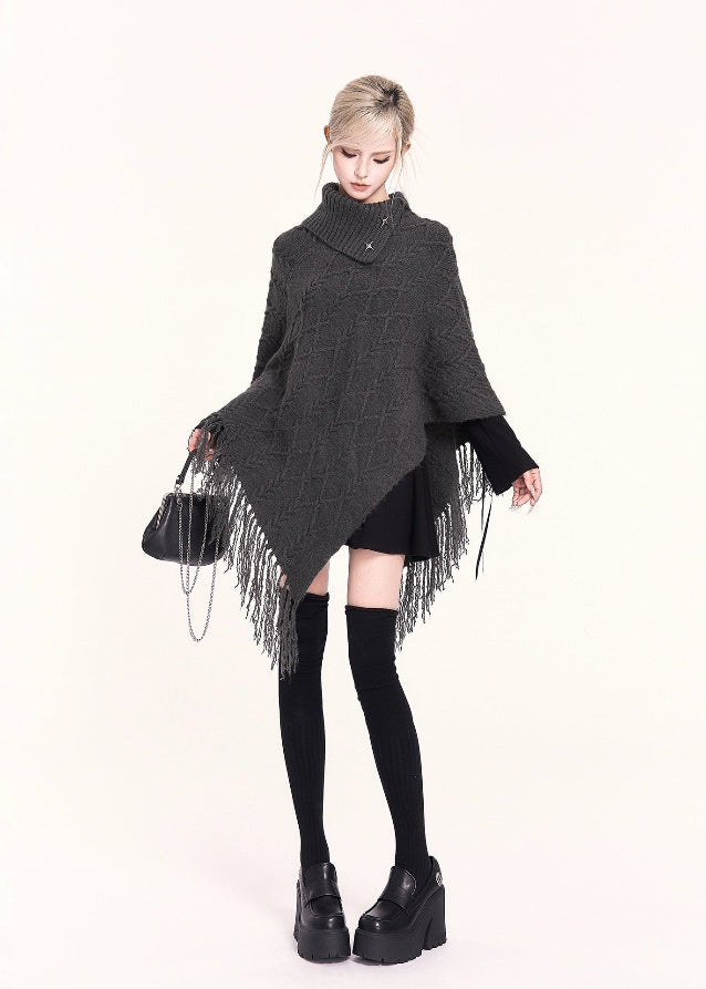 VOCK, y2k fashion, Korean style sweater, fringe cape sweater, knit shawl top, high neck poncho, asymmetric sweater, gothic knitwear, winter kawaii fashion, edgy streetwear top, Korean winter outfit, aesthetic dark fashion, high collar knit, poncho sweater women, irregular hem sweater, trendy winter tops women, Seoul fashion knit