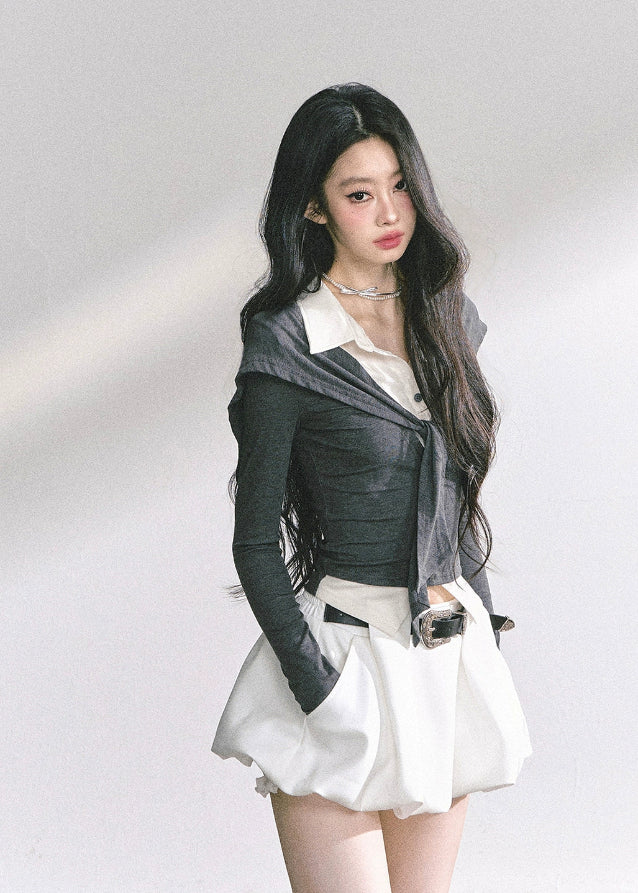 korean fake two piece top, korean long sleeve polo shirt women, seoul fashion streetwear top, korean aesthetic preppy top, slim fit layered polo shirt, british inspired korean fashion, hot girl slim waist top, korean fall fashion long sleeve, polo collar slim top women, korean art student outfit, elegant french style layered top, korean modern street chic top, layered illusion knit top, korean preppy fashion blouse, kfashion trendy two piece top