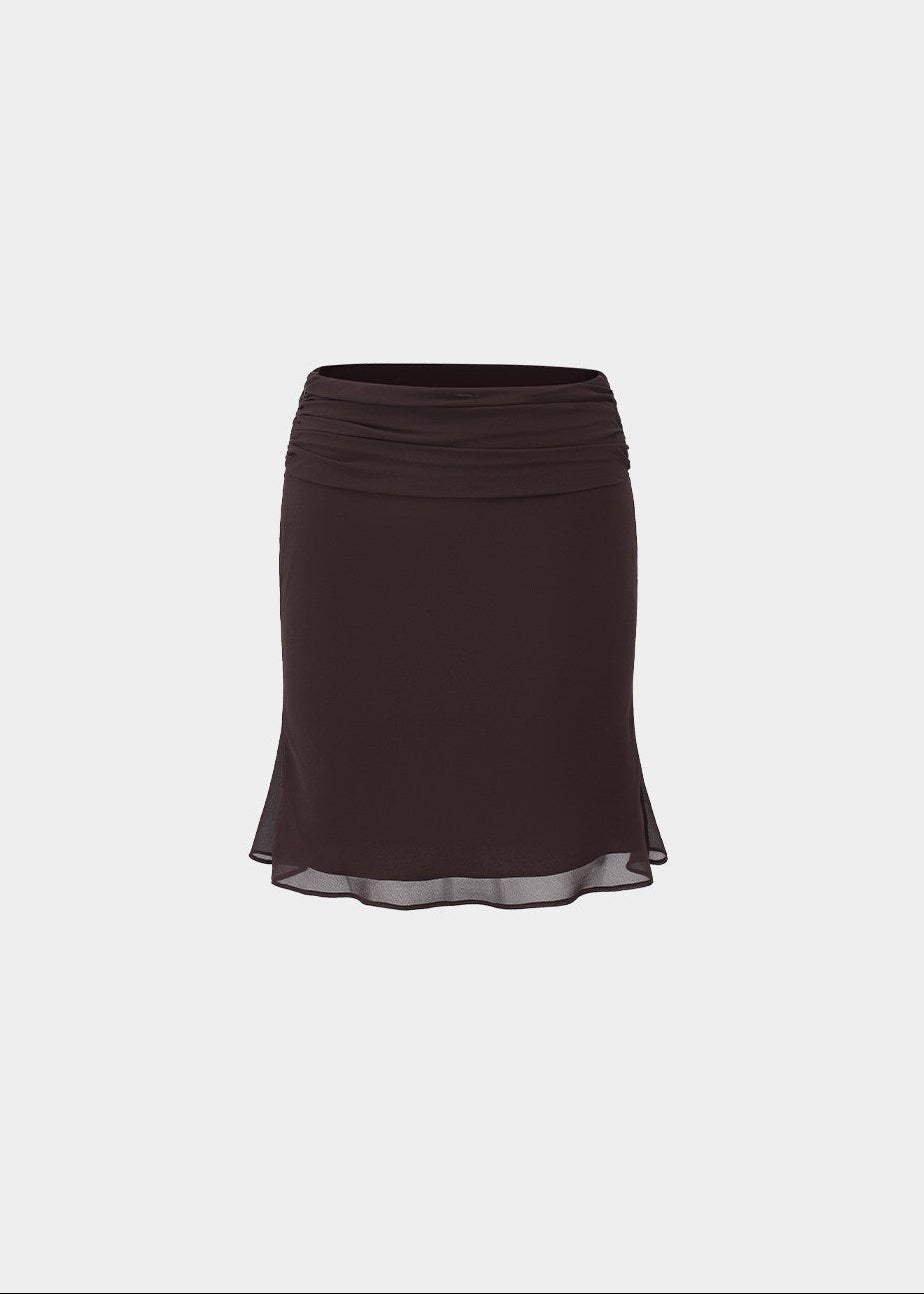 hollow tie neck top, hip wrap skirt set, mermaid skirt set, Korean feminine set, ruffled shirt set, sheer panel two piece set, keyhole top and skirt, romantic skirt set, fitted two piece outfit, date night outfit, elegant Korean fashion, feminine co ord set, caramel brown skirt set, pure desire outfit, summer skirt set
