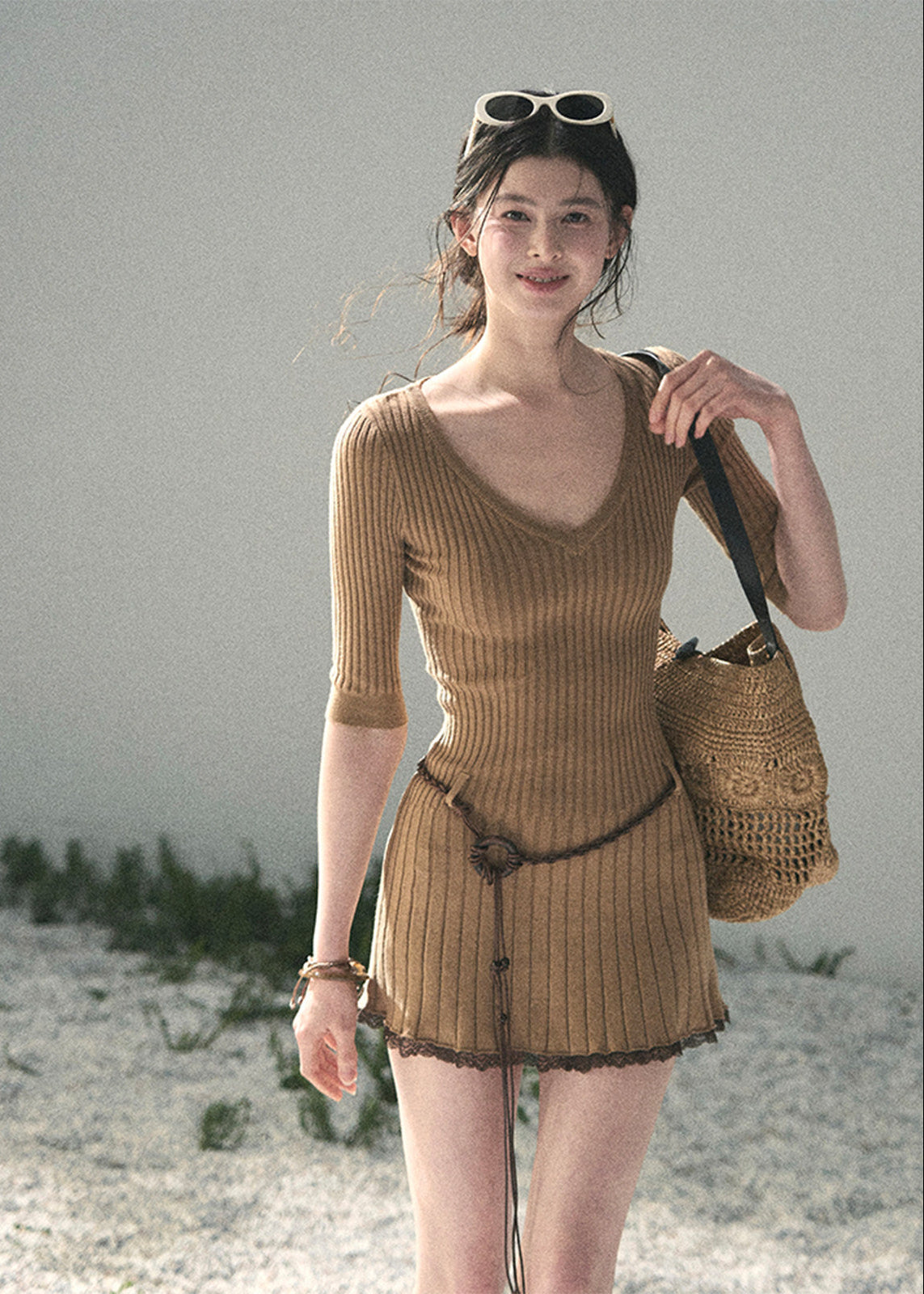 korean knit dress, ribbed mini dress, v neck knit dress, feminine summer dress, soft knit dress women, korean style dress, elegant casual dress, spring knit dress, slim fit mini dress, light mature women dress, refined feminine outfit, mocha knit dress