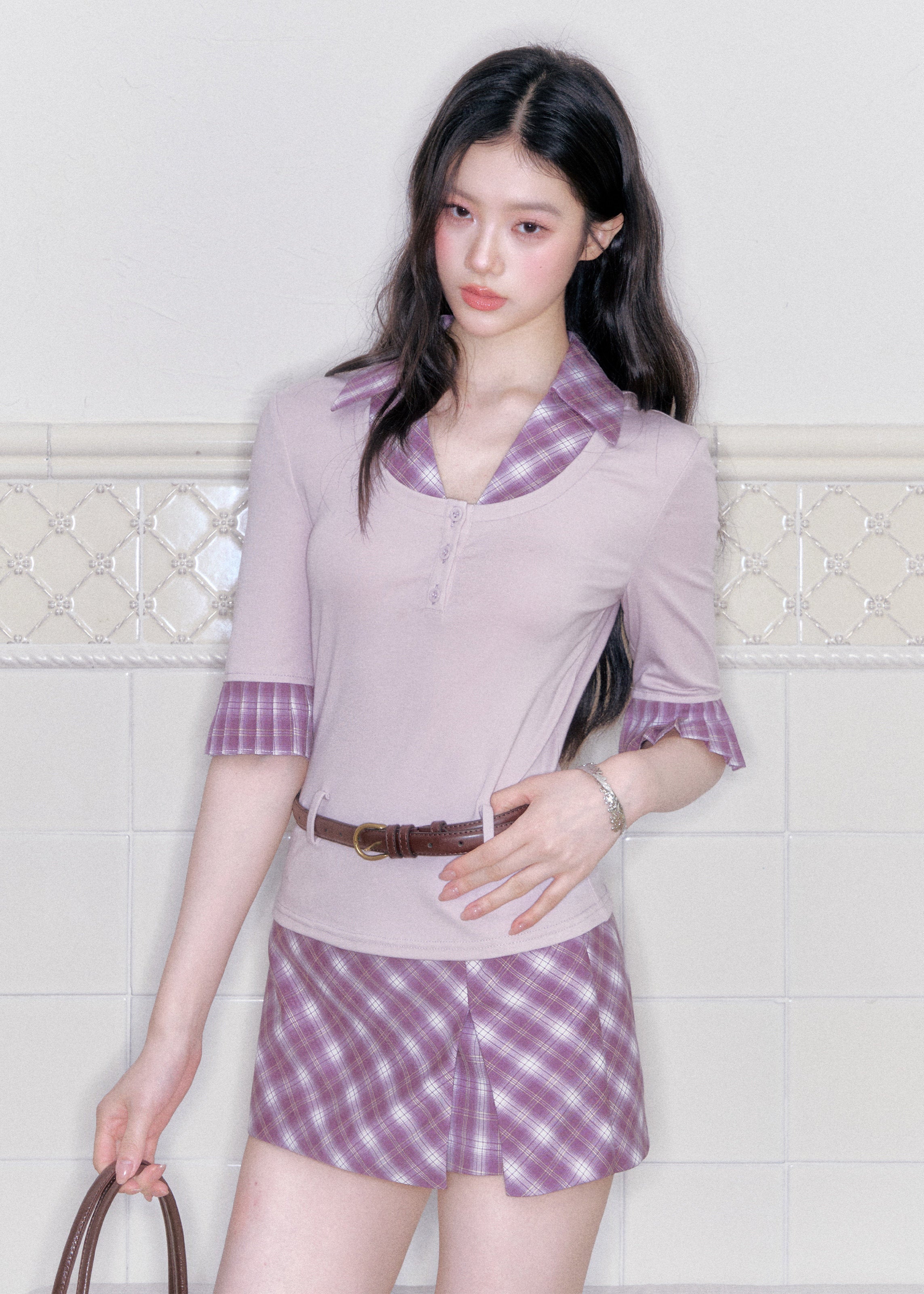 fragileheart set, purple plaid two piece set, korean academy outfit, plaid shirt skirt set, feminine korean fashion, campus style set, slim shirt top, plaid mini skirt set, soft girl outfit, korean preppy set, lavender plaid set, romantic collegiate outfit