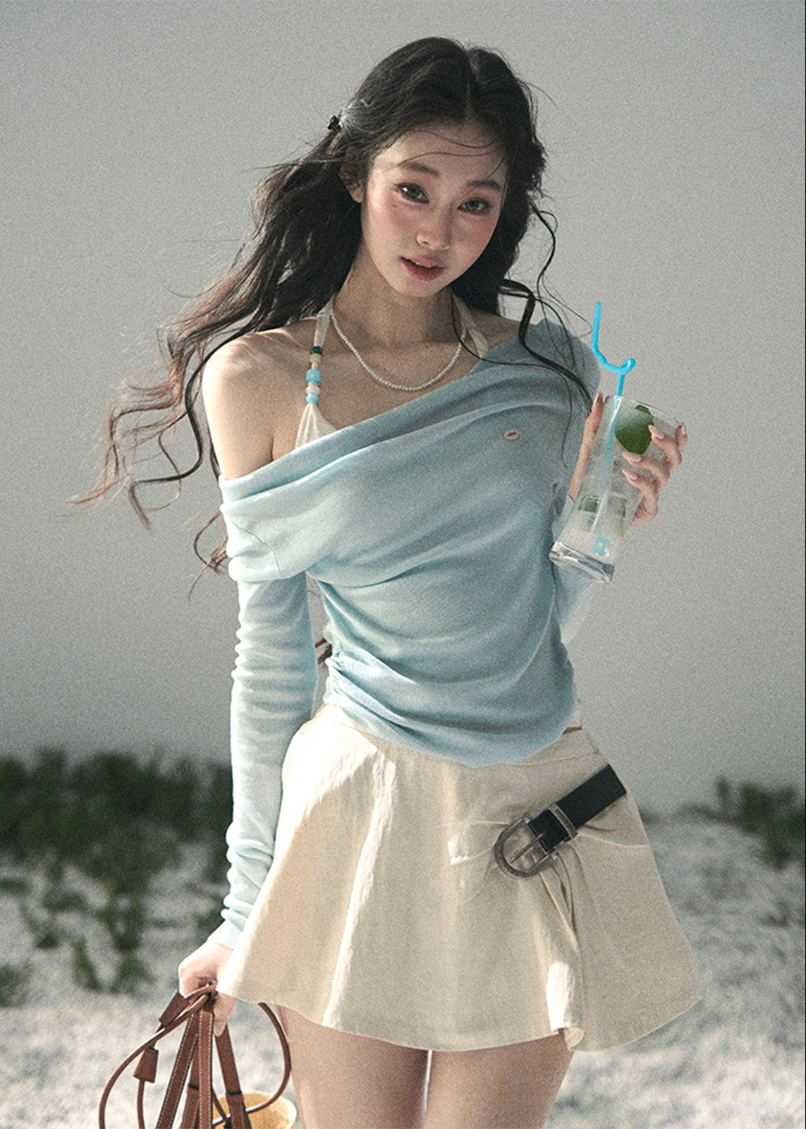 aomalm top, off shoulder top, halter layered top, korean fashion top, lyocell long sleeve top, feminine spring top, slim fit off shoulder blouse, romantic korean outfit, soft blue top women, fake two piece top, elegant casual top, spring summer top women