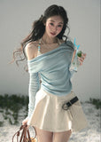 aomalm top, off shoulder top, halter layered top, korean fashion top, lyocell long sleeve top, feminine spring top, slim fit off shoulder blouse, romantic korean outfit, soft blue top women, fake two piece top, elegant casual top, spring summer top women