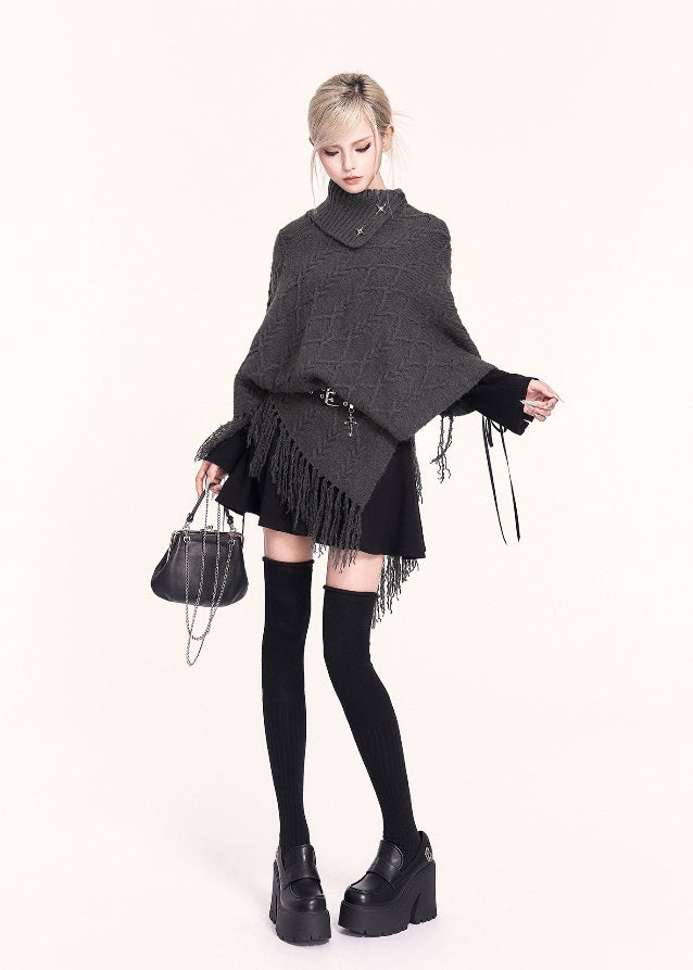 VOCK, y2k fashion, Korean style sweater, fringe cape sweater, knit shawl top, high neck poncho, asymmetric sweater, gothic knitwear, winter kawaii fashion, edgy streetwear top, Korean winter outfit, aesthetic dark fashion, high collar knit, poncho sweater women, irregular hem sweater, trendy winter tops women, Seoul fashion knit