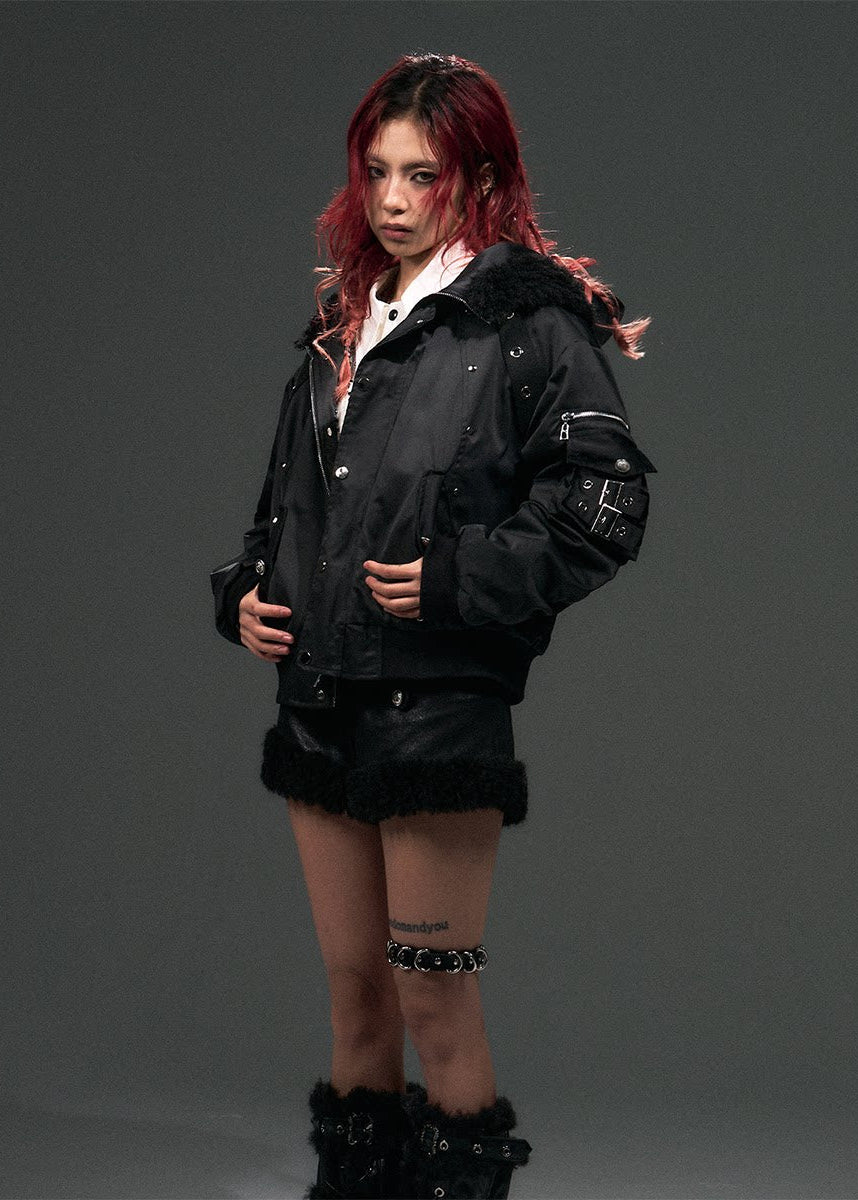 punk hooded jacket women, street punk coat, fur collar jacket women, edgy winter outerwear, dark street fashion jacket, oversized punk jacket, cotton winter coat women, alternative fashion outerwear, gothic street jacket, heavy winter streetwear, frustration garden jacket, edgy women coat, punk style winter jacket, statement black jacket women, industrial fashion outerwear