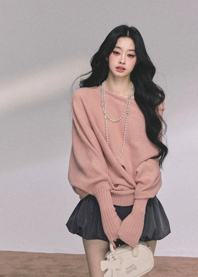 off shoulder knit sweater women, soft knit pullover, pastel slanted shoulder top, autumn oversize knit, gentle style sweater, korean soft knit top, blush knit sweater, fw25 knitwear
