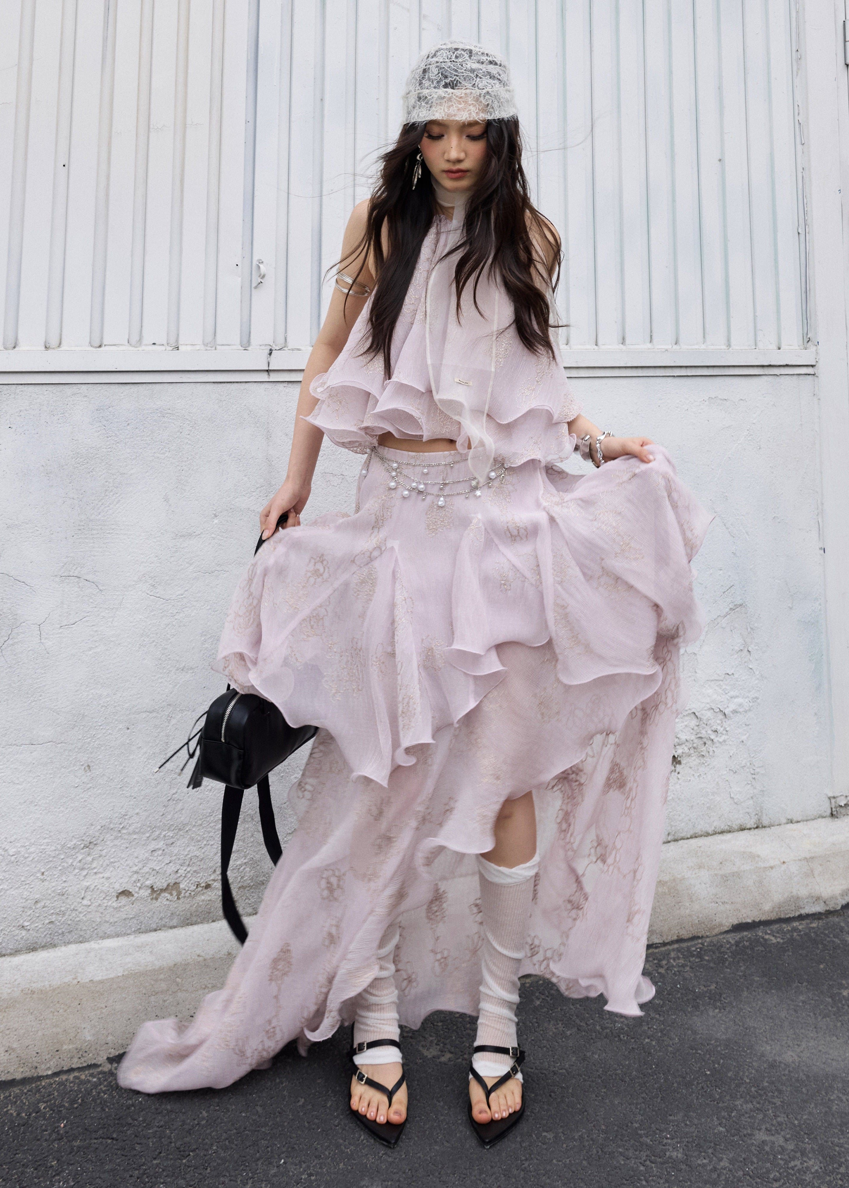 peach pink two piece set, halter ruffle set, korean fashion set, romantic maxi skirt set, fairycore outfit, layered ruffle skirt, feminine summer set, elegant two piece dress set, jnylon dress set, resort wear women