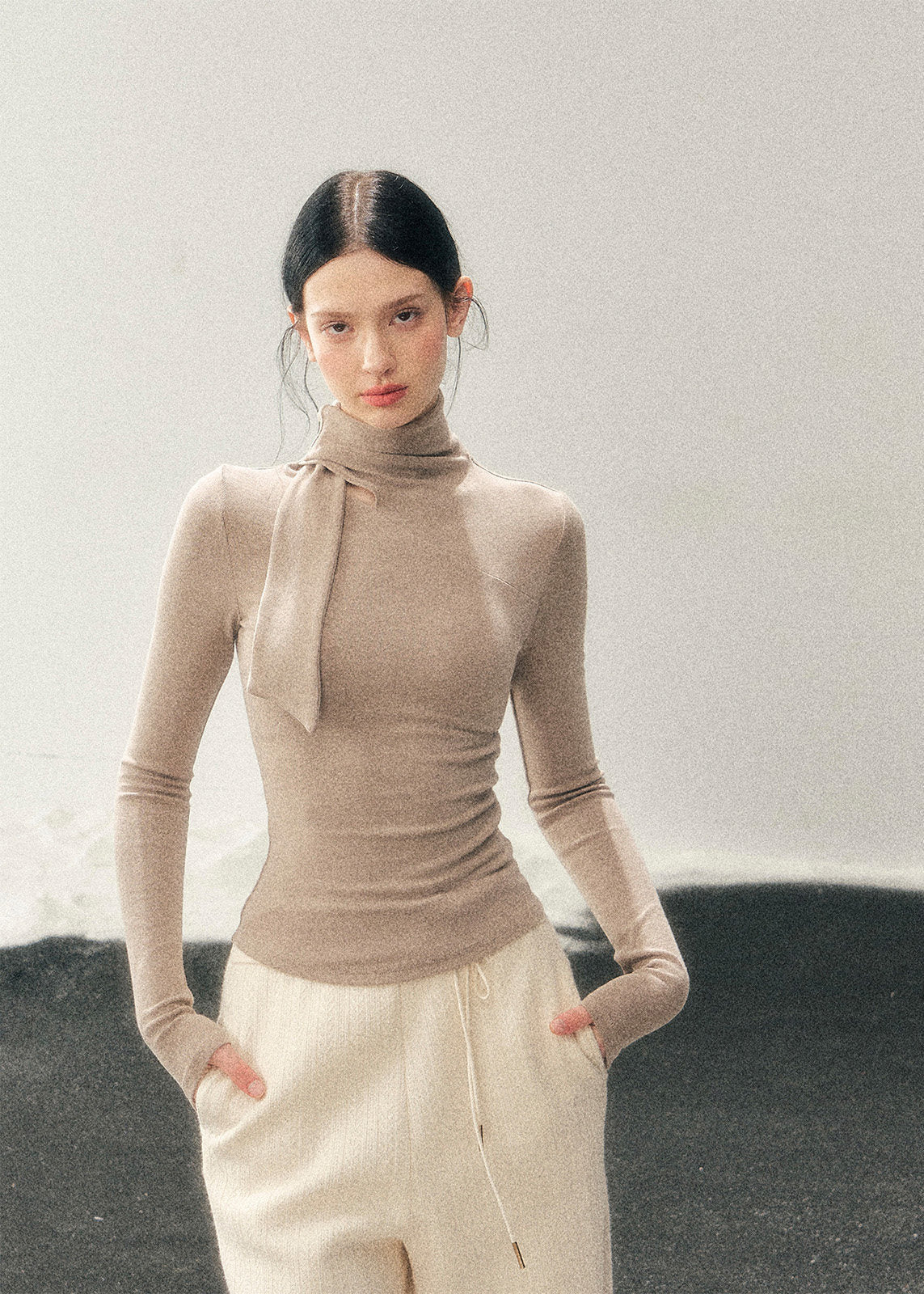 AOMALM semi turtleneck top, women winter base top, slim fit knit shirt, Korean style inner top, feminine long sleeve top, winter layering top women, soft knit turtleneck, minimal Korean fashion, stretch knit base shirt, elegant inner top, women autumn winter top, skin fit knitwear, neutral winter top, daily basic knit top, chic layering essential