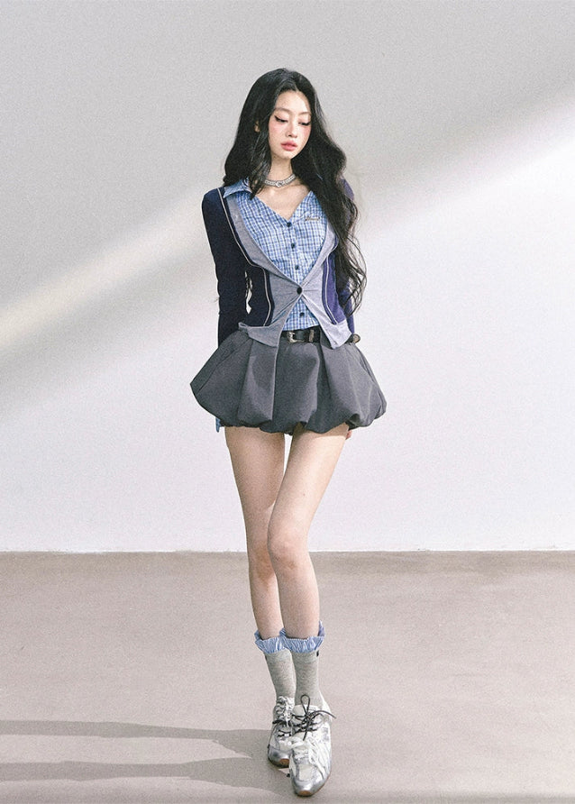 korean fake two piece top, british prep style knit, korean long sleeve polo top, seoul fashion top women, korean streetwear chic outfit, slim fit preppy top women, british college inspired blouse, korean hot girl street fashion, plaid accent layered top, korean fall outfit long sleeve, slim waist design top, trendy korean autumn top, korean aesthetic fashion, london prep chic top, korean fashion two piece illusion blouse