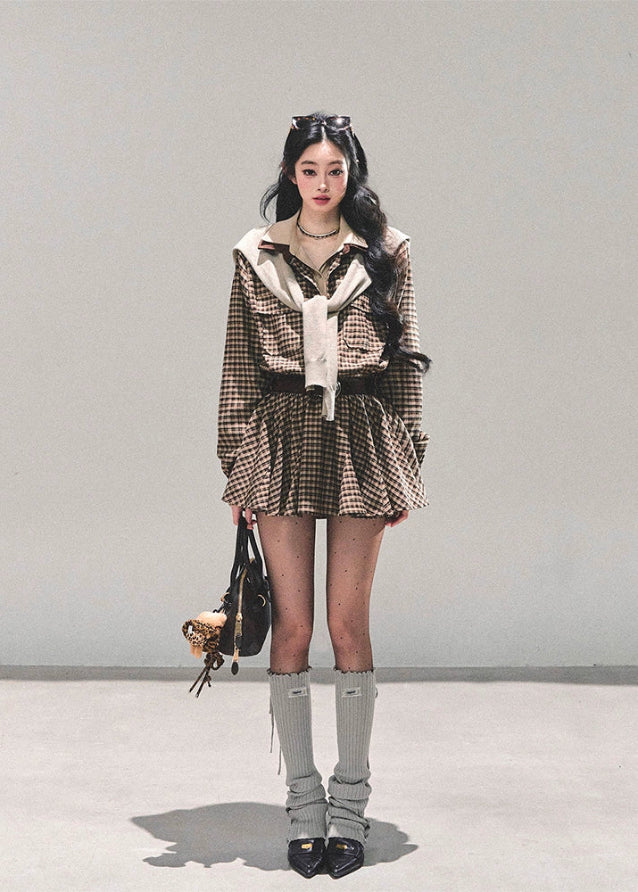 korean cargo dress, french hepburn dress, autumn flare shirt dress women, belted short cargo dress, korean academia style outfit, korean autumn mini dress, beige button up dress, seoul preppy girl fashion, korean elegant cargo dress, hepburn french chic outfit, soft academia korean fashion, korean shirt dress long sleeve, korean fall 2025 dress, stylish cargo mini dress, waist slimming flare dress